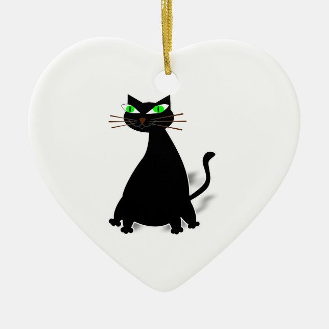 Black Fat Cat With Green Eyes Ceramic Tree Decoration (Front)