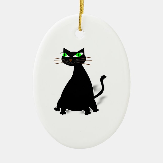 Black Fat Cat With Green Eyes Ceramic Tree Decoration (Front)
