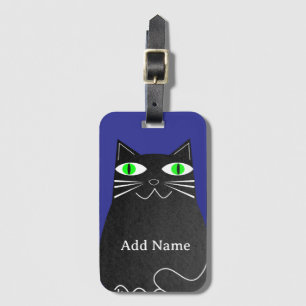 Black Fat Cat With Green Eyes Custom Name Blue Luggage Tag