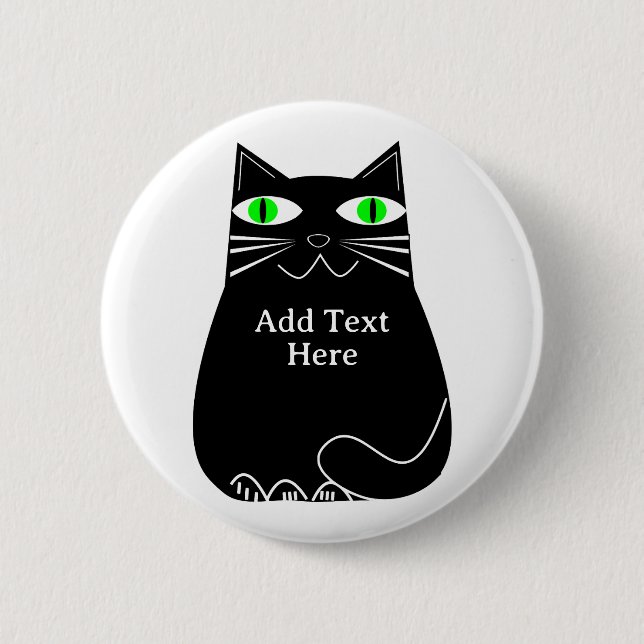 Black Fat Cat With Green Eyes Custom Text 6 Cm Round Badge (Front)