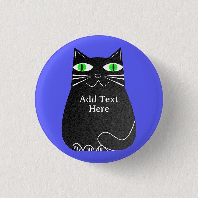 Black Fat Cat With Green Eyes Custom Text Blue 3 Cm Round Badge (Front)