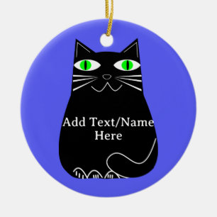 Black Fat Cat With Green Eyes Custom Text Blue Ceramic Tree Decoration