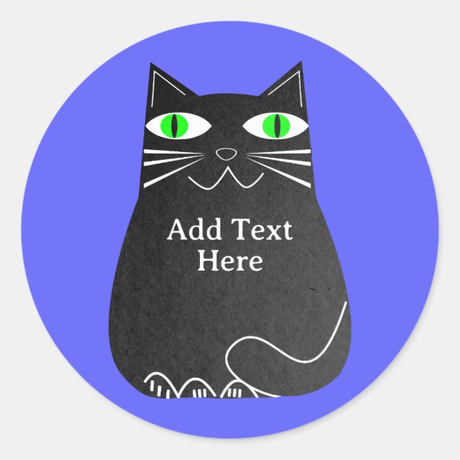 Black Fat Cat With Green Eyes Custom Text Blue Classic Round Sticker (Front)