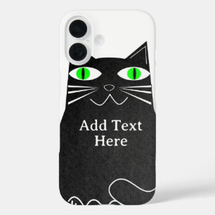 Black Fat Cat With Green Eyes Custom Text iPhone 16 Case