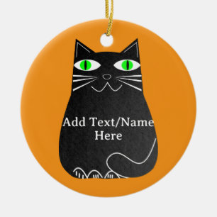 Black Fat Cat With Green Eyes Custom Text Ceramic Tree Decoration