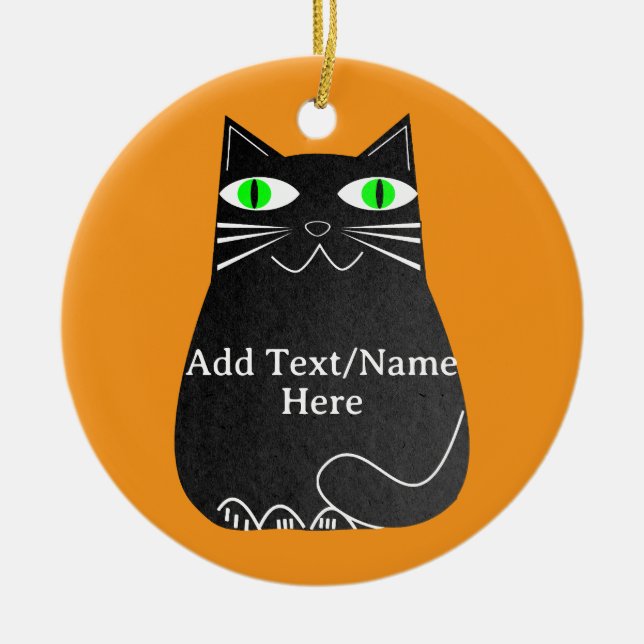 Black Fat Cat With Green Eyes Custom Text Ceramic Tree Decoration (Front)