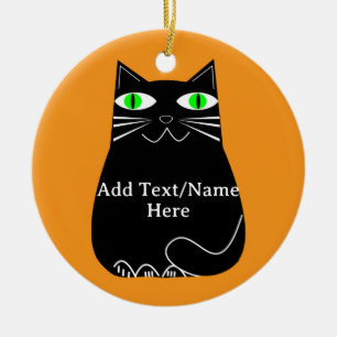 Black Fat Cat With Green Eyes Custom Text Ceramic Tree Decoration