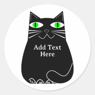 Black Fat Cat With Green Eyes Custom Text Classic Round Sticker