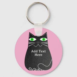Black Fat Cat With Green Eyes Custom Text Pink Key Ring
