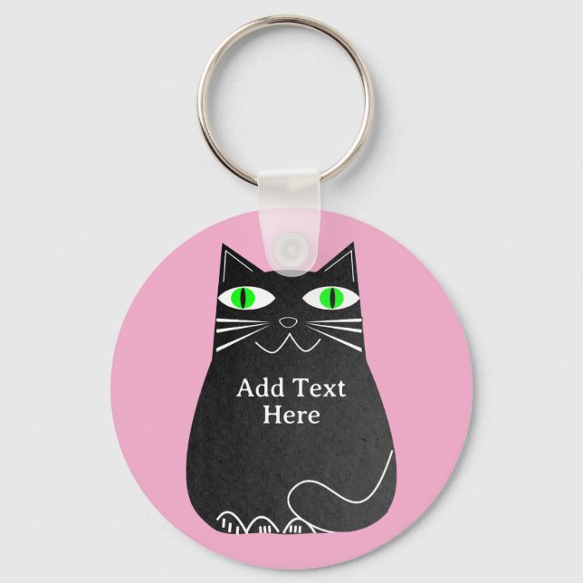 Black Fat Cat With Green Eyes Custom Text Pink Key Ring (Front)