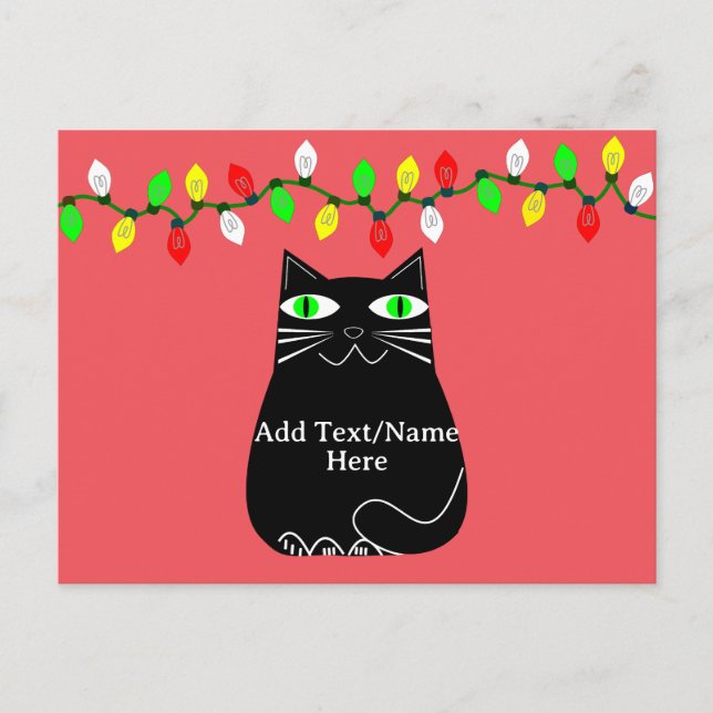 Black Fat Cat With Green Eyes Custom Text Red Postcard (Front)