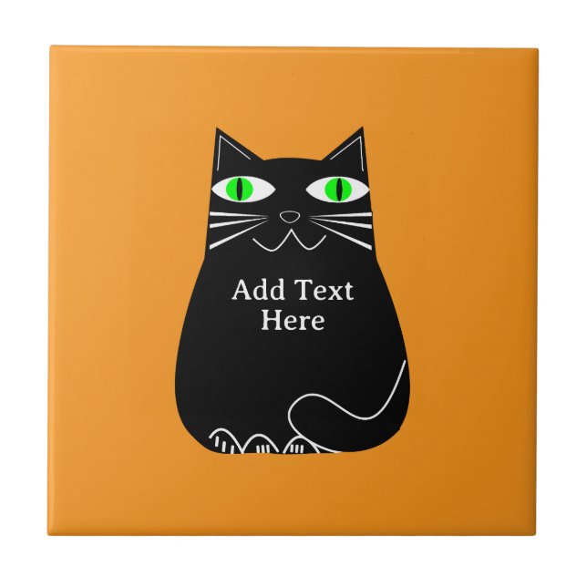 Black Fat Cat With Green Eyes Custom Text Tile (Front)