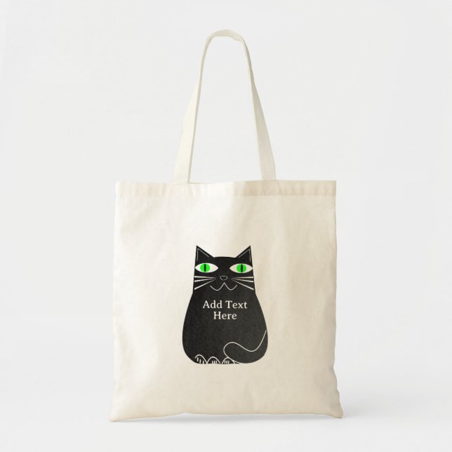 Black Fat Cat With Green Eyes Custom Text Tote Bag (Front)