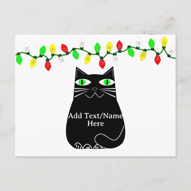 Black Fat Cat With Green Eyes Custom Text White Postcard (Front)