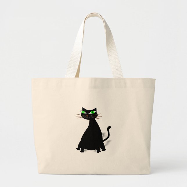 Black Fat Cat With Green Eyes Large Tote Bag (Front)
