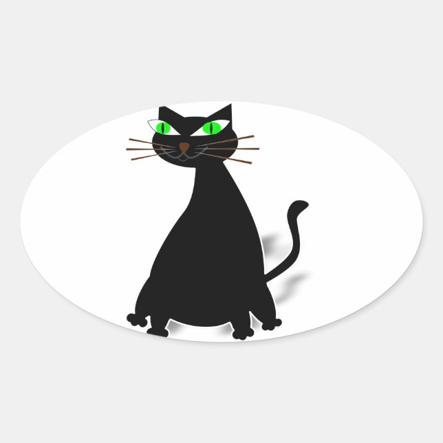 Black Fat Cat With Green Eyes Oval Sticker (Front)