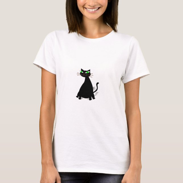 Black Fat Cat With Green Eyes T-Shirt (Front)