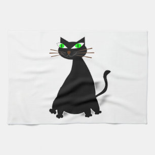 Black Fat Cat With Green Eyes Tea Towel
