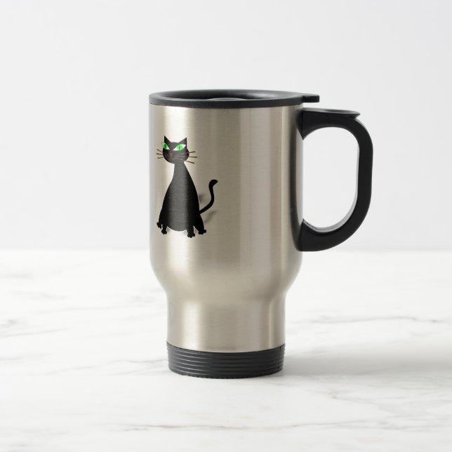 Black Fat Cat With Green Eyes Travel Mug (Right)