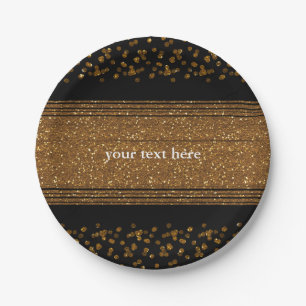 Black Faux Brushed Gold Glitter Party Plates
