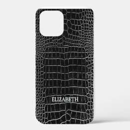 Black Faux Crocodile Leather Personalised Name iPhone 12 Case