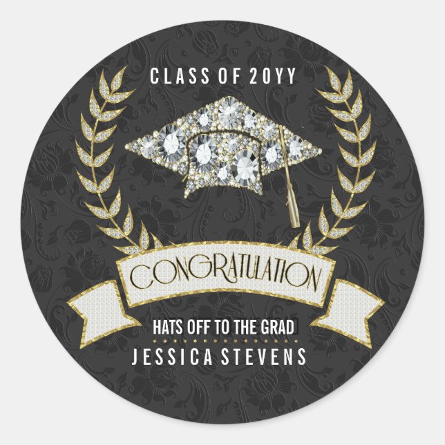 Black &Faux Damsons And Gold Graduation Hat Classic Round Sticker (Front)