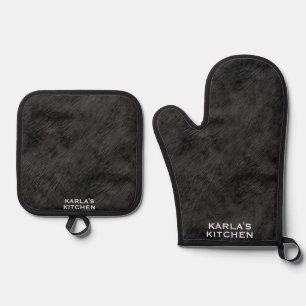 Black faux fur texture oven mitt & pot holder set