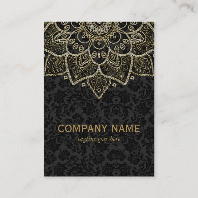 Black Faux Glitter And Gold Floral Mandala 2a Business Card (Front)