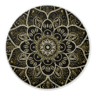 Black Faux Glitter And Gold Floral Mandala Ceramic Knob