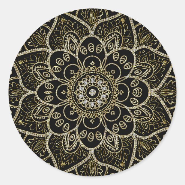 Black Faux Glitter And Gold Floral Mandala Classic Round Sticker (Front)