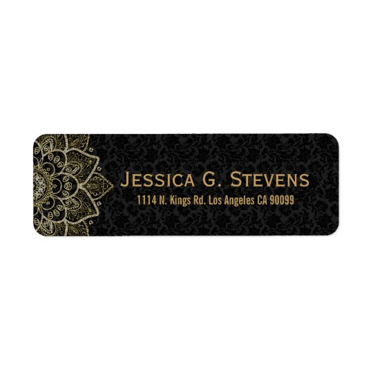 Black Faux Glitter And Gold Floral Mandala Return Address Label