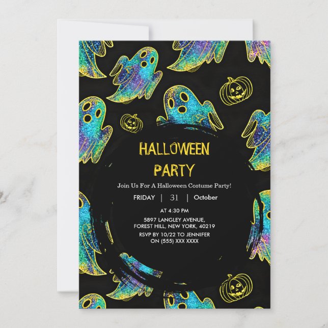 Black | Faux Glitter Pumpkin Ghost Halloween Invitation (Front)