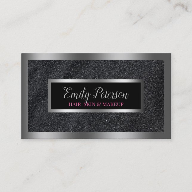 Black Faux Glitter Silver Accents Business Card (Front)