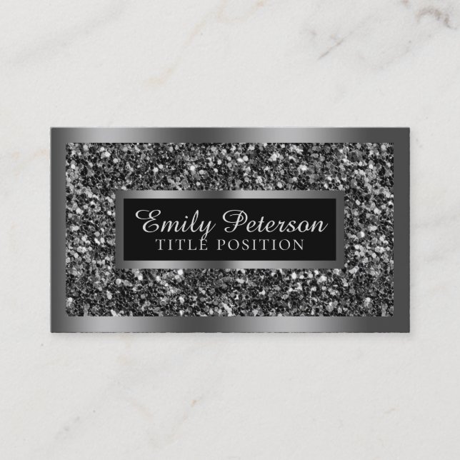 Black Faux Glitter Silver Frame Business Card (Front)
