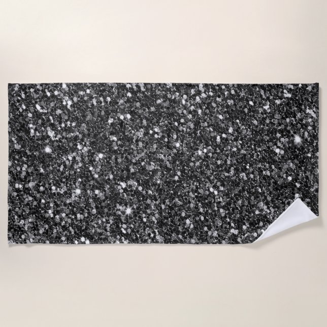 Black faux glitter & sparkles beach towel (Front)