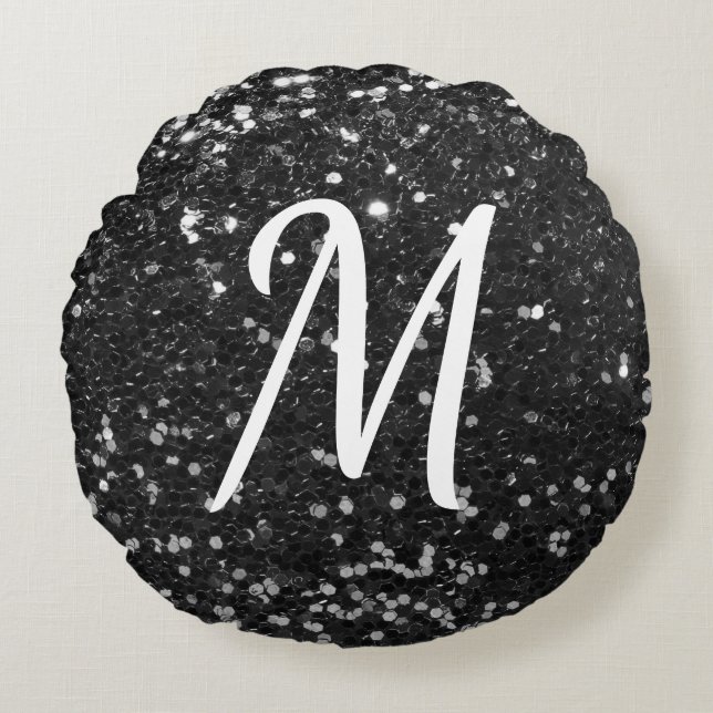 Black Faux Glitter White Custom Initial Round Cushion (Front)