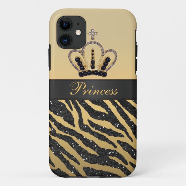Black Faux Glitter Zebra Print & Jewel Crown Case-Mate iPhone Case (Back)