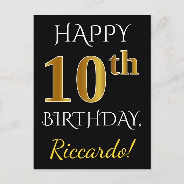 Black, Faux Gold 10th Birthday + Custom Name Postcard (Front)