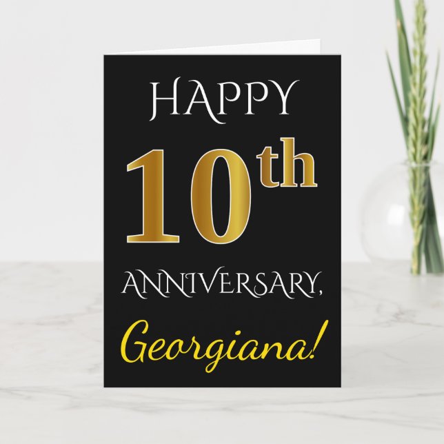 Black, Faux Gold 10th Wedding Anniversary + Name Card (Front)