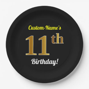 Black, Faux Gold 11th Birthday + Custom Name Paper Plate
