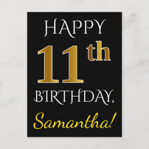 Black, Faux Gold 11th Birthday + Custom Name Postcard