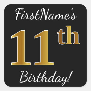 Black, Faux Gold 11th Birthday + Custom Name Square Sticker