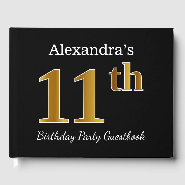 Black, Faux Gold 11th Birthday Party + Custom Name Guest Book (Front)