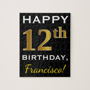 Black, Faux Gold 12th Birthday + Custom Name Jigsaw Puzzle