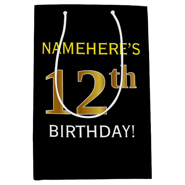 Black, Faux Gold 12th Birthday + Custom Name Medium Gift Bag (Front)