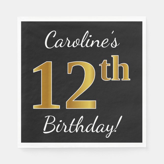 Black, Faux Gold 12th Birthday + Custom Name Napkin (Front)