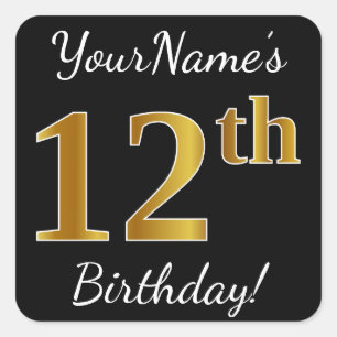 Black, Faux Gold 12th Birthday + Custom Name Square Sticker