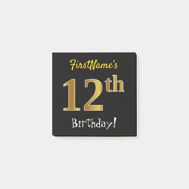 Black, Faux Gold 12th Birthday, With Custom Name Post-it Notes (Front)