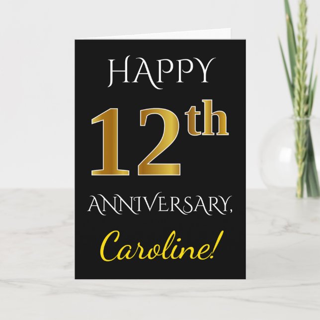 Black, Faux Gold 12th Wedding Anniversary + Name Card (Front)
