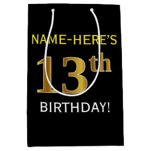 Black, Faux Gold 13th Birthday + Custom Name Medium Gift Bag